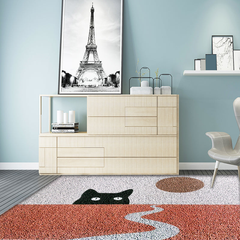 Red Children's Carpet Vinyl Cat Print Carpet Washable Non-Slip Back Carpet for the Children's Room