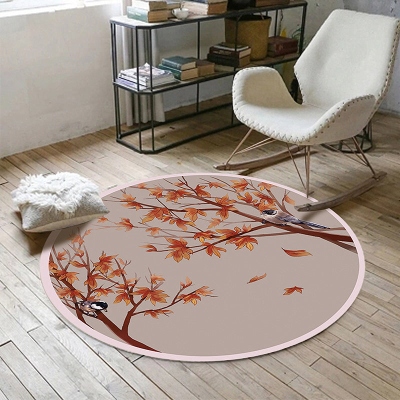 Red Oriental Carpet Polyester Leaf and Bird Pattern Carpet Washable Non-Slip Back Carpet for the Living Room