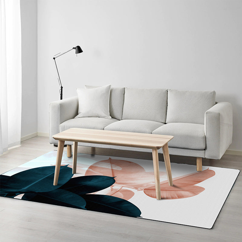Simple Leaf Pattern Carpet Dark Blue Oriental Carpet Polyester Washable Non-Slip Backing Carpet for the Living Room