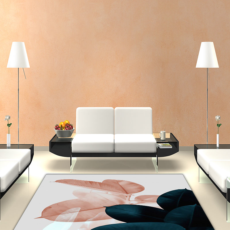 Simple Leaf Pattern Carpet Dark Blue Oriental Carpet Polyester Washable Non-Slip Backing Carpet for the Living Room