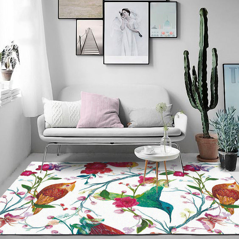 Retro Bird Pattern Carpet with Flower and Leaf White Oriental Carpet Polyester Washable Non-Slip Back Floor Rug for Bedroom