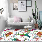 Retro Bird Pattern Carpet with Flower and Leaf White Oriental Carpet Polyester Washable Non-Slip Back Floor Rug for Bedroom