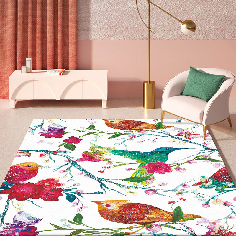Retro Bird Pattern Carpet with Flower and Leaf White Oriental Carpet Polyester Washable Non-Slip Back Floor Rug for Bedroom