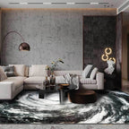 Modern living room carpet in black and white with a print of the Typhoon Eye from space, plush carpet, non-slip area rug