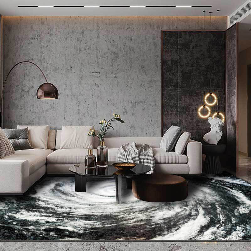 Modern living room carpet in black and white with a print of the Typhoon Eye from space, plush carpet, non-slip area rug