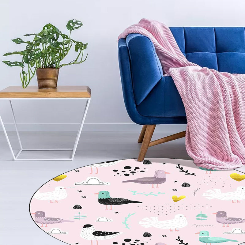 Kids Bedroom Rug in Pink Animal Bird Leaf Pattern Rug Polyester Washable Non-Slip Rug