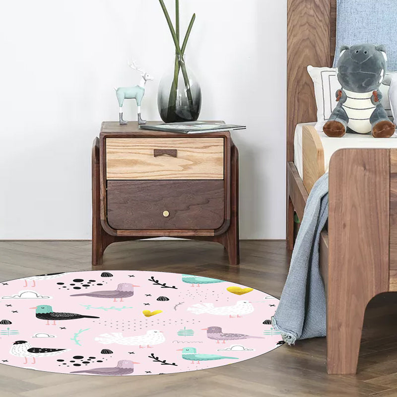 Kids Bedroom Rug in Pink Animal Bird Leaf Pattern Rug Polyester Washable Non-Slip Rug