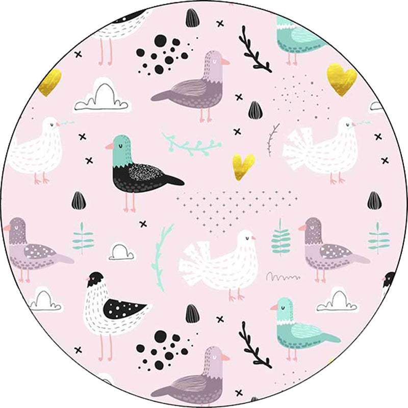 Kids Bedroom Rug in Pink Animal Bird Leaf Pattern Rug Polyester Washable Non-Slip Rug