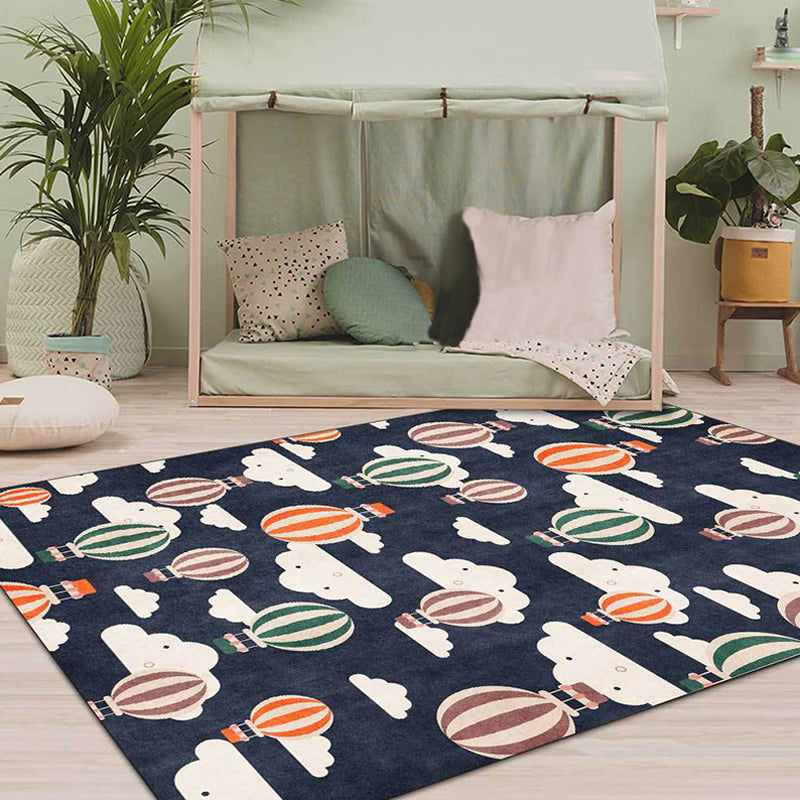 Blue Children's Room Rug Children's Fairy Tale Hot Air Balloon Cloud Pattern Rug Polyester Machine Washable Rug