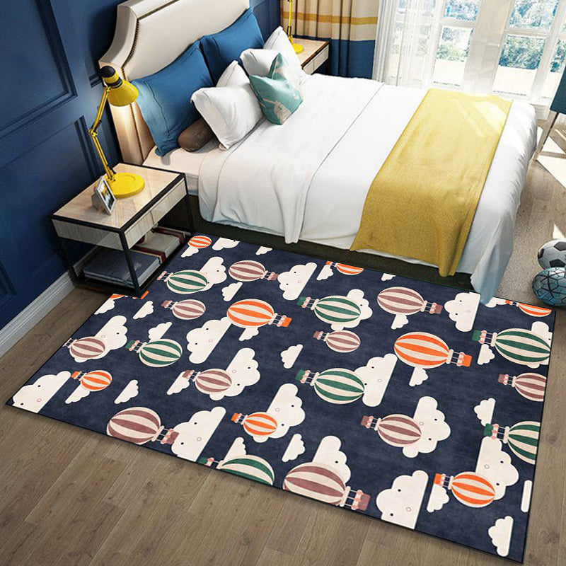 Blue Children's Room Rug Children's Fairy Tale Hot Air Balloon Cloud Pattern Rug Polyester Machine Washable Rug