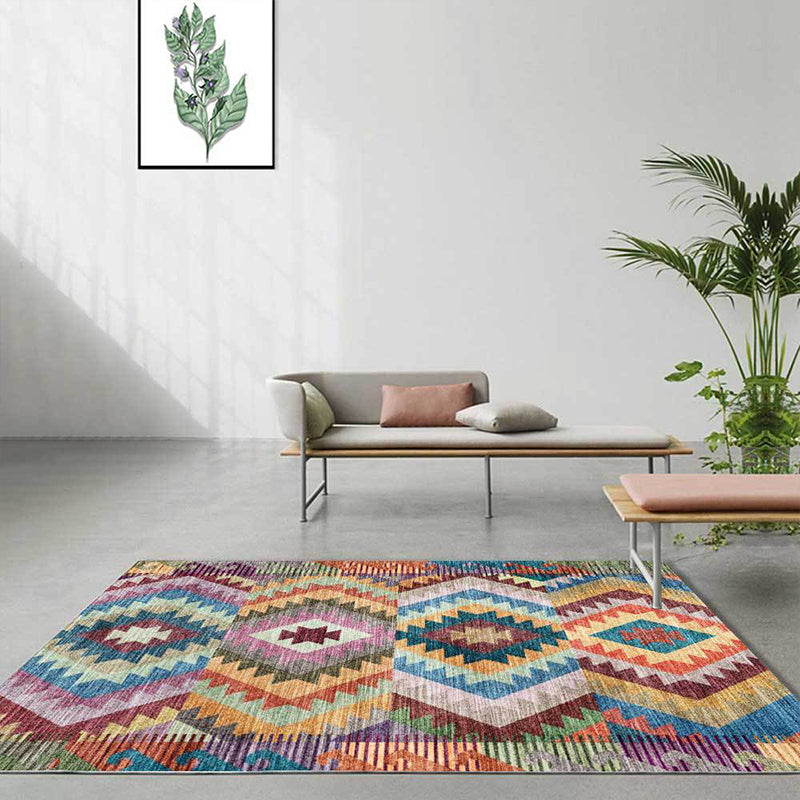 Yellow Multicolored Tribal Carpet Polyester Geometric Pattern Rug Washable Non-Slip Rug for Living Room