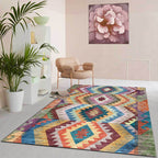 Yellow Multicolored Tribal Carpet Polyester Geometric Pattern Rug Washable Non-Slip Rug for Living Room