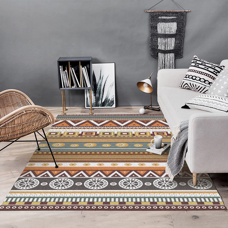 Brown Tribal Rug Polyester Geometric and Striped Pattern Rug Washable Non-Slip Back Rug for Living Room