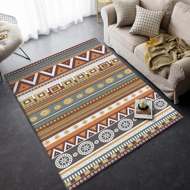 Brown Tribal Rug Polyester Geometric and Striped Pattern Rug Washable Non-Slip Back Rug for Living Room