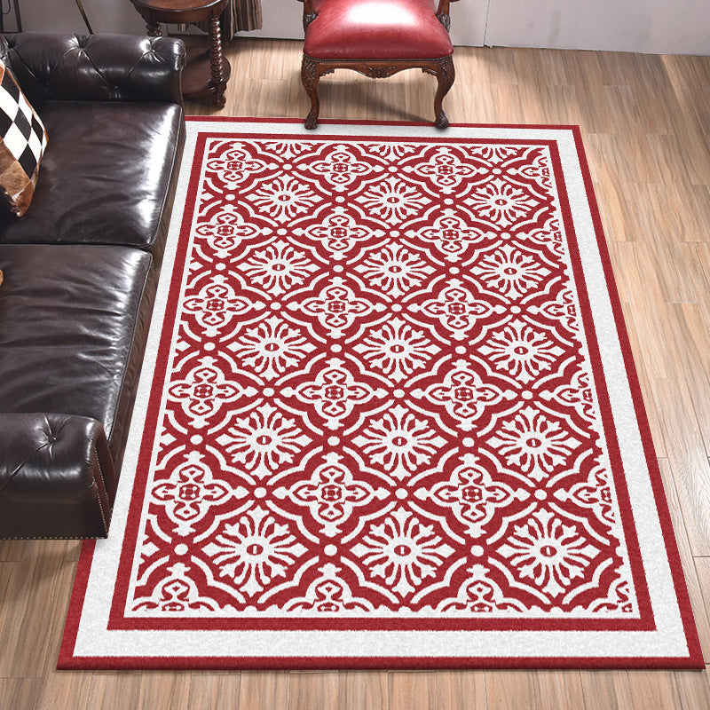 Red Persian Carpet Polyester Flower Design Carpet Washable Non-slip Back Carpet for Living Room
