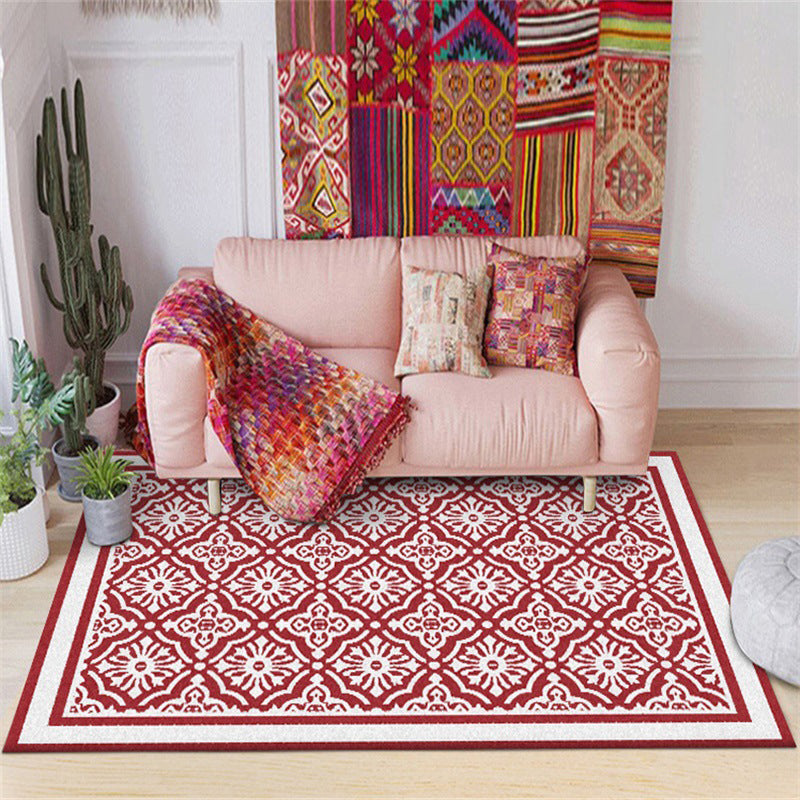 Red Persian Carpet Polyester Floral Pattern Carpet Washable Non-Slip Backing Carpet for Living Room