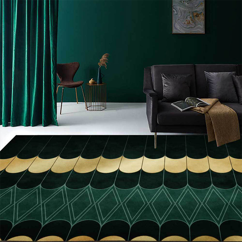 Funky Geometric Pattern Rug Gold and Green Simple Rug Polyester Washable Non-Slip Back Rug for Living Room