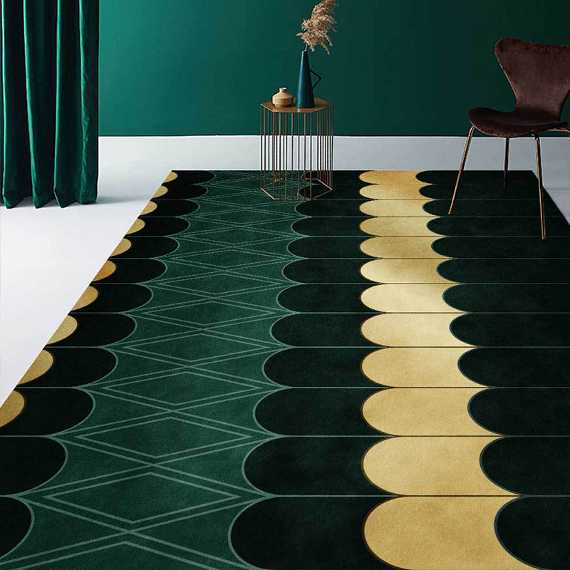 Funky Geometric Pattern Rug Gold and Green Simple Rug Polyester Washable Non-Slip Back Rug for Living Room