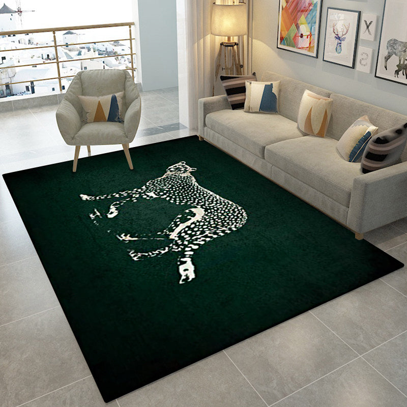 Dark green contemporary rug polyester leopard print rug washable non-slip backing rug for the living room