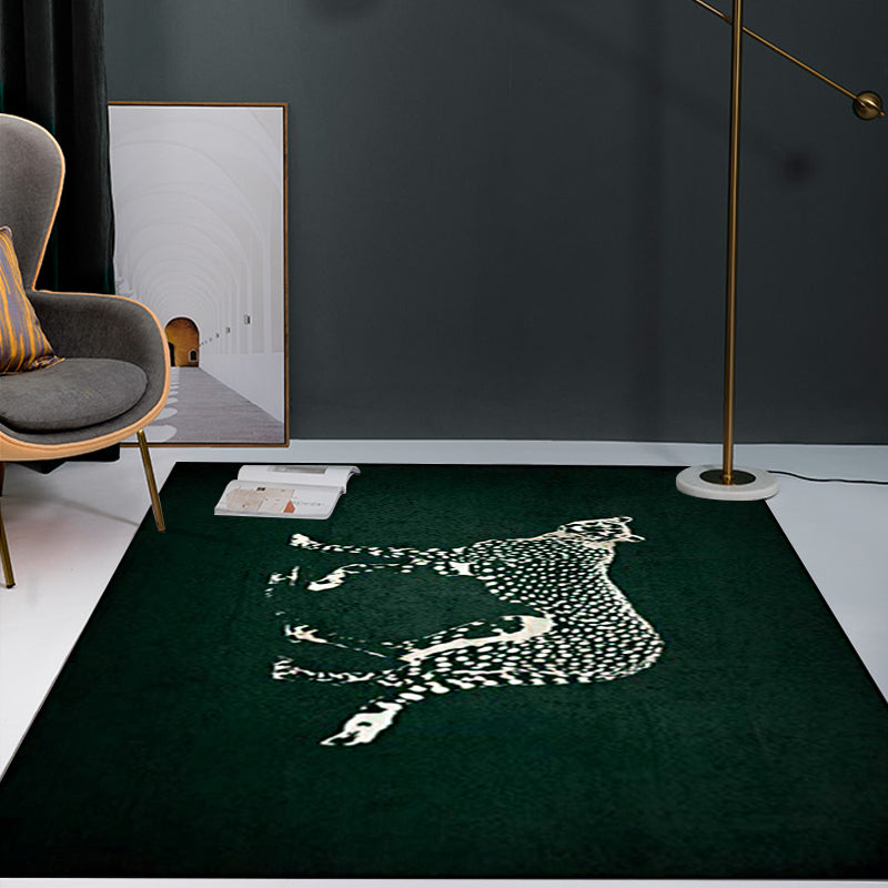 Dark green contemporary rug polyester leopard print rug washable non-slip backing rug for the living room