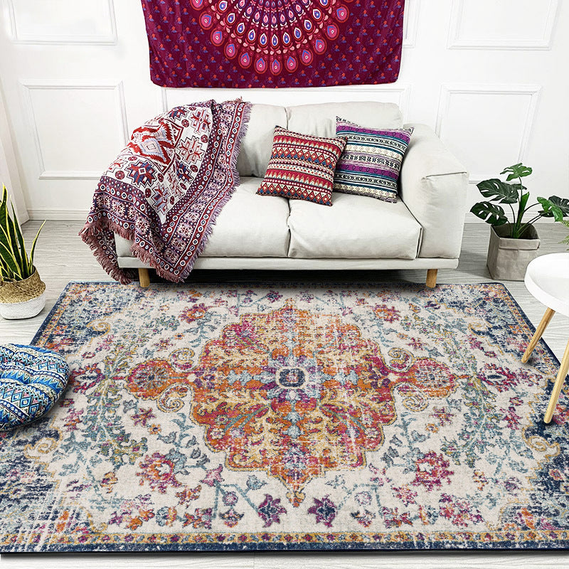 Orange Moroccan Carpet Polyester Medallion Pattern Carpet Washable Non-Slip Base Carpet for Living Room