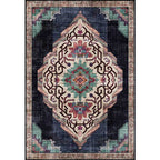 Vintage Medallion Pattern Rug Black Polyester Rug Machine Washable Non-Slip Rug for the Living Room
