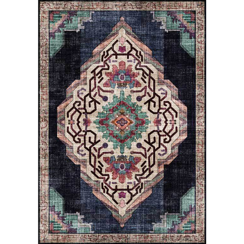 Vintage Medallion Pattern Rug Black Polyester Rug Machine Washable Non-Slip Rug for the Living Room