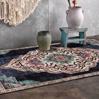 Vintage Medallion Pattern Rug Black Polyester Rug Machine Washable Non-Slip Rug for the Living Room