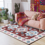Washed Medallion Pattern Rug Red Moroccan Rug Polyester Machine Washable Non-Slip Area Rug for Bedroom