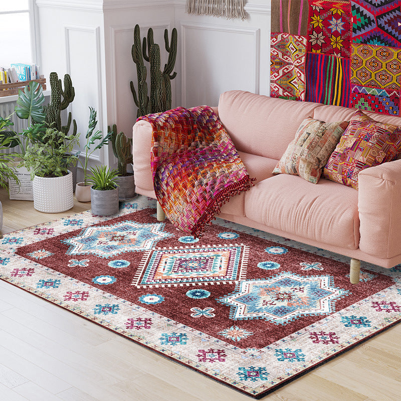 Washed Medallion Pattern Rug Red Moroccan Rug Polyester Machine Washable Non-Slip Area Rug for Bedroom