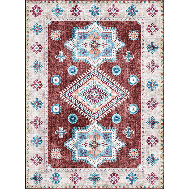 Washed Medallion Pattern Rug Red Moroccan Rug Polyester Machine Washable Non-Slip Area Rug for Bedroom