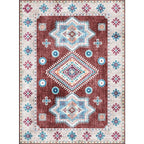 Washed Medallion Pattern Rug Red Moroccan Rug Polyester Machine Washable Non-Slip Area Rug for Bedroom