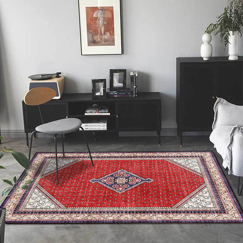 Tribal Medallion Pattern Rug Red Mediterranean Rug Polyester Machine Washable Non-Slip Rug for the Bedroom