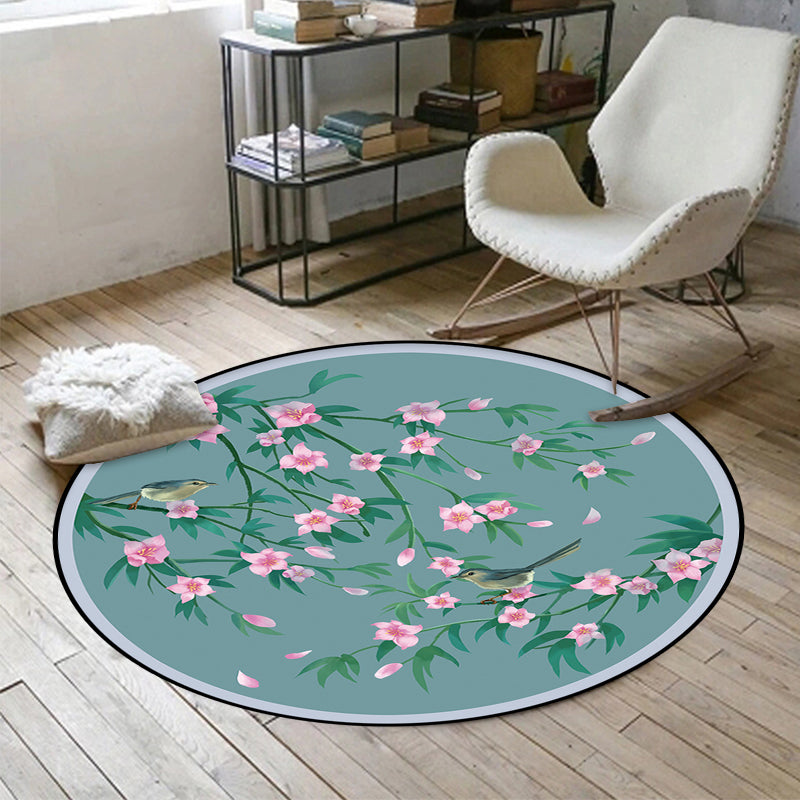 Retro Floral Pattern rug with bird and leaf Blue Oriental rug Polyester Washable Non-slip backing rug for living room