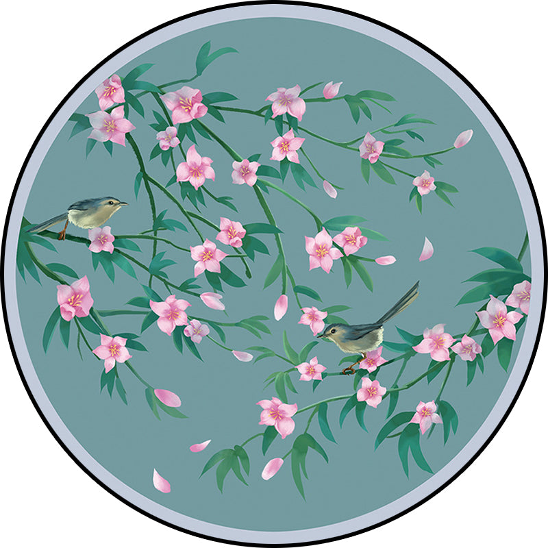 Retro Floral Pattern rug with bird and leaf Blue Oriental rug Polyester Washable Non-slip backing rug for living room