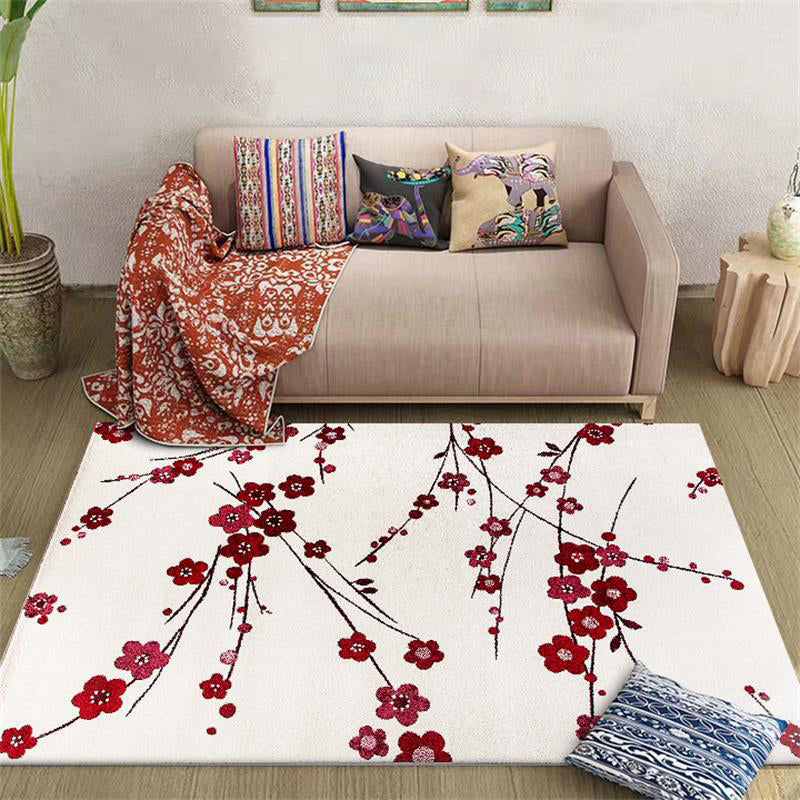 Vintage Floral Pattern Rug Beige and Red Polyester Rug Machine Washable Non-Slip Rug for the Living Room