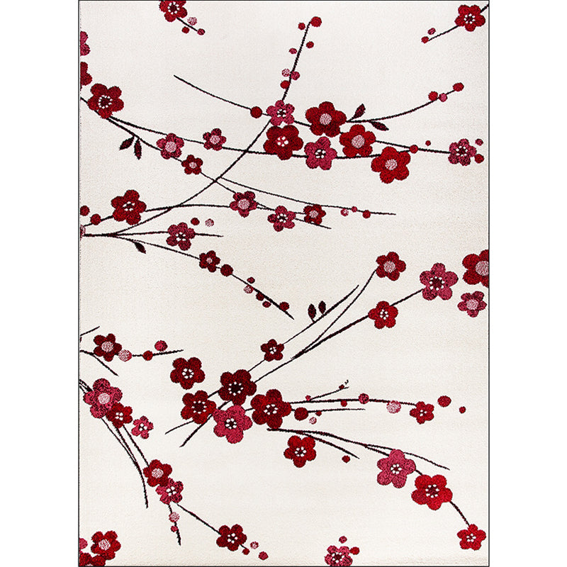 Vintage Floral Pattern Rug Beige and Red Polyester Rug Machine Washable Non-Slip Rug for the Living Room