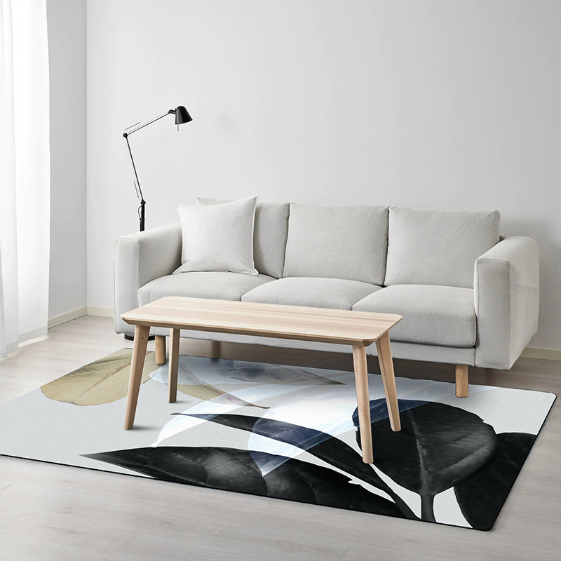 Black and White Oriental Carpet Polyester Leaf Pattern Carpet Washable Non-Slip Backing Rug for Living Room