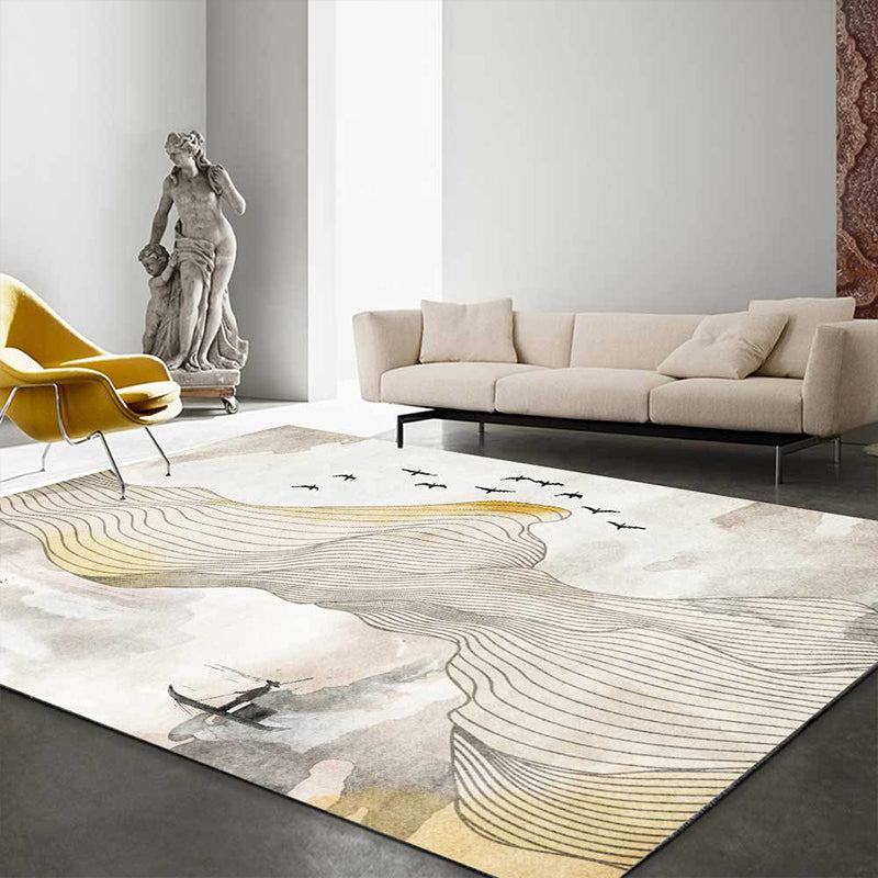 Vintage Swirl Stripe pattern rug with bird and character yellow polyester rug machine washable non-slip rug for the bedroom