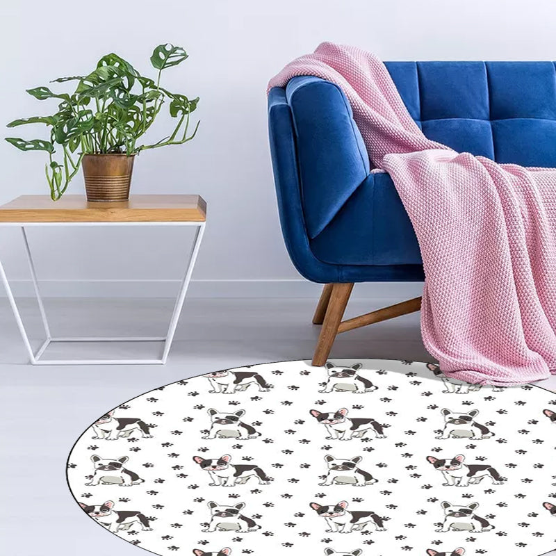 Kids Bedroom Rug in White Animal Dog Paw Print Rug Polyester Non-Slip Backing Pet-Friendly Rug