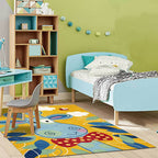 Children's Bedroom Rug in Blue and Yellow Animal Giraffe Cloud Leaf Print Rug Polyester Washable Rug