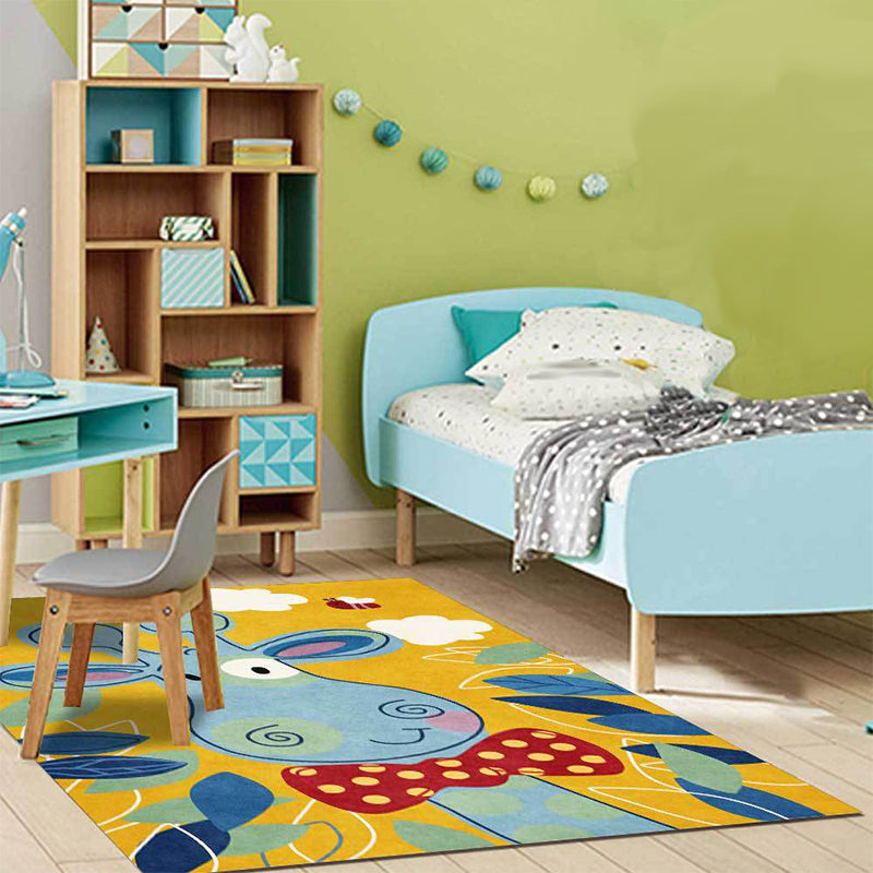 Children's Bedroom Rug in Blue and Yellow Animal Giraffe Cloud Leaf Print Rug Polyester Washable Rug