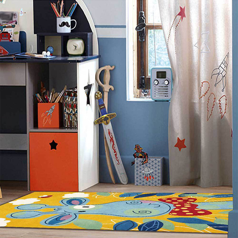 Children's Bedroom Rug in Blue and Yellow Animal Giraffe Cloud Leaf Print Rug Polyester Washable Rug