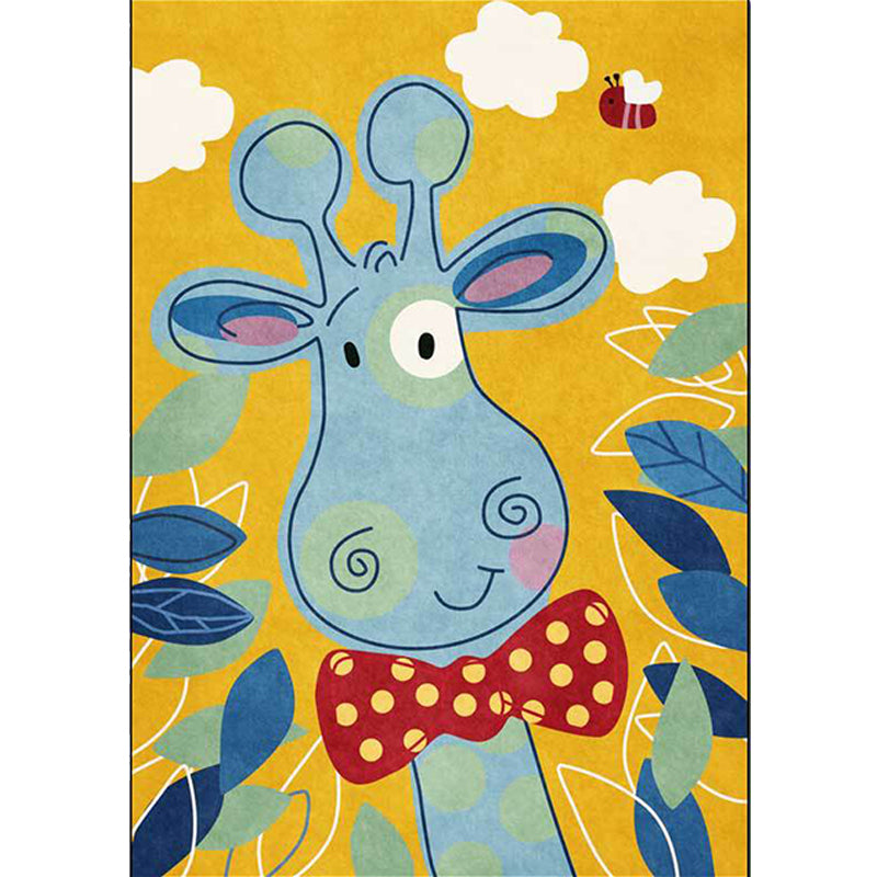 Children's Bedroom Rug in Blue and Yellow Animal Giraffe Cloud Leaf Print Rug Polyester Washable Rug
