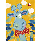 Children's Bedroom Rug in Blue and Yellow Animal Giraffe Cloud Leaf Print Rug Polyester Washable Rug