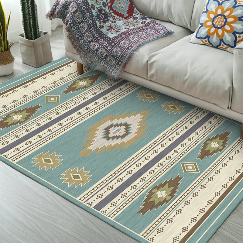 Unique geometric pattern rug Blue and Green Vintage rug Polyester Washable Non-slip backing Rug for bedroom