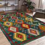 Classic geometric patterned carpet Green Vintage carpet Polyester Washable non-slip backing Carpet for bedroom