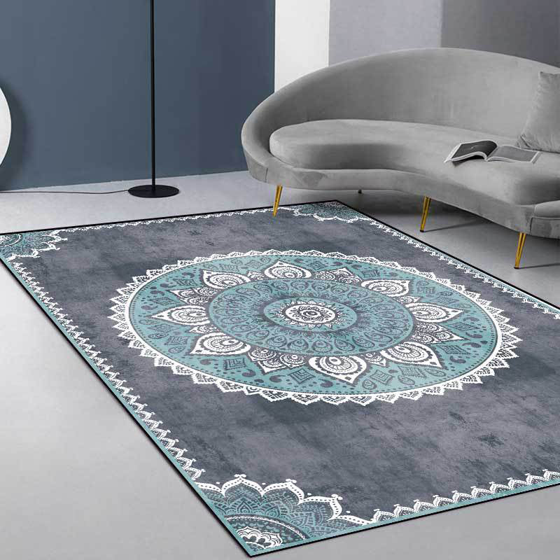 Blue and Gray Moroccan Carpet Polyester Floral Pattern Washable Carpet Non-slip Back Carpet for Living Room
