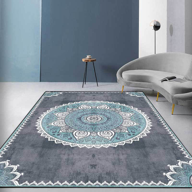 Blue and Gray Moroccan Carpet Polyester Floral Pattern Washable Carpet Non-slip Back Carpet for Living Room