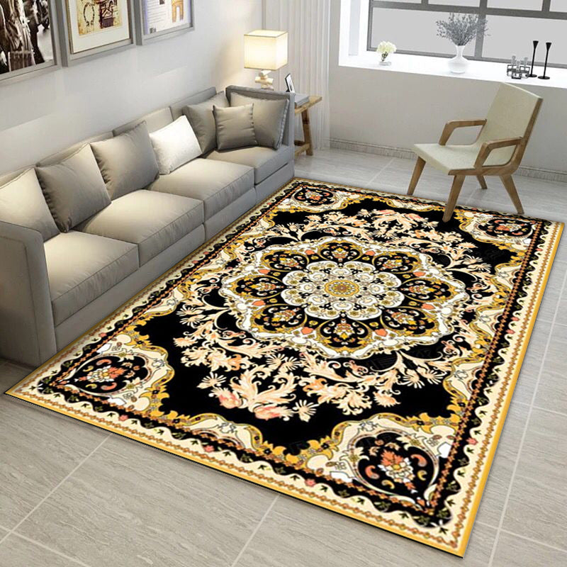 Moroccan Medallion Pattern Carpet with Flower Theme Green Polyester Carpet Machine Washable Non-Slip Area Rug for the Living Room